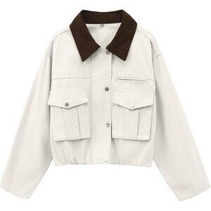 Women Cream Cropped Utility Cargo Coat Contrast Collar Barn Outwear
